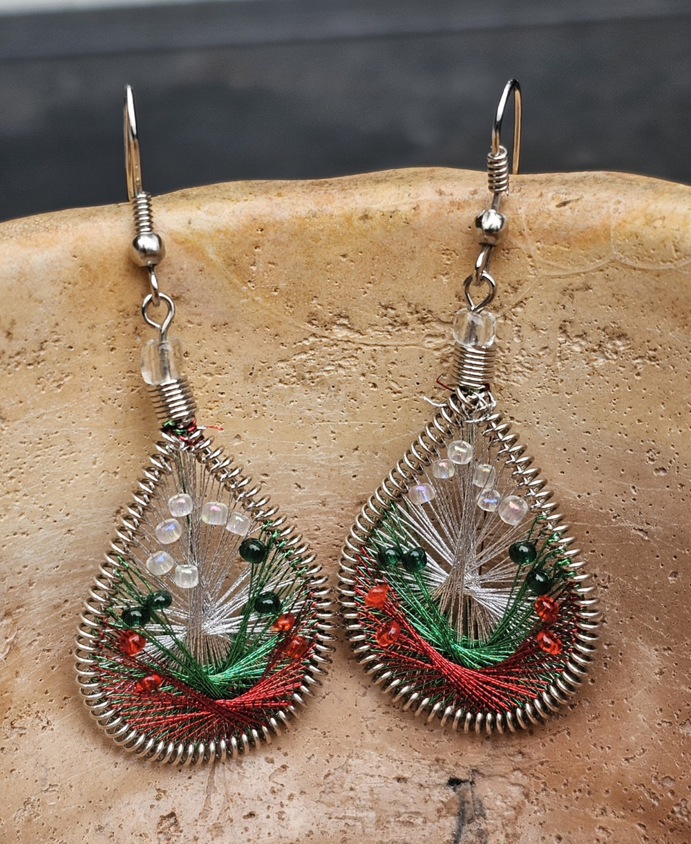 Handcrafted Teardrop Wire Wrapped Thread Hook Dangle Earrings Silver
